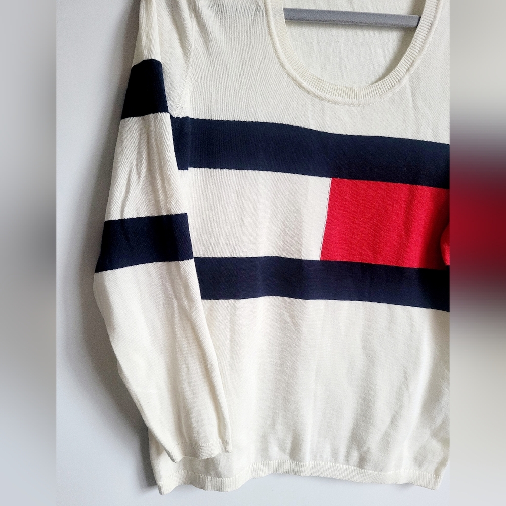 Tommy Hilfiger 100% Cotton Women's Colorblock Knit Sweater White/Red/Blue Medium - Picture 8 of 16
